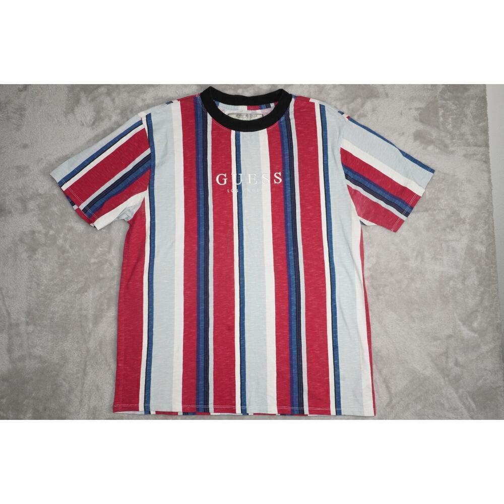 Vintage 90s Guess Shirt Extra Large Red Blue Mens Embroidered Cotton Striped - Picture 1 of 7